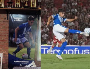 Manu Fern&aacute;ndez, su foto luce en el sal&oacute;n del club pampeano que lo vio nacer. El fin de semana debut&oacute; en la Primera de V&eacute;lez. 