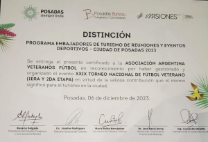 En Misiones, la Asociaci&oacute;n Argentina Veteranos F&uacute;tbol fue distinguida como Embajadora de Turismo de Reuniones y Eventos Deportivos